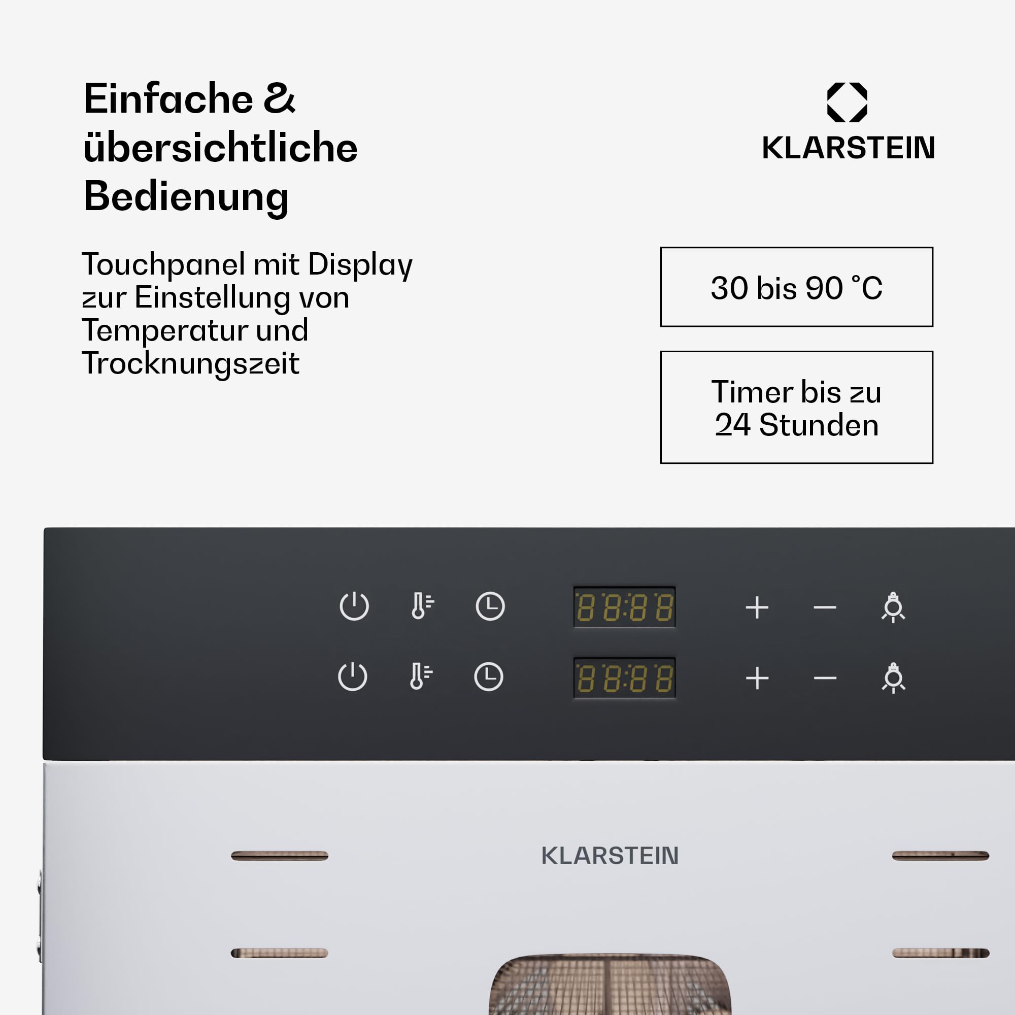 Klarstein Dörrautomat Edelstahl – 4.000-W-Dörrgerät, 48 Edelstahl-Einlegeböden, 30–90 °C, 24-Stunden-Timer, 6 Ventilatoren, 2 Trockenkammern, 50–55 dB, ideal für Obst, Gemüse, Fleisch, Kräuter, Silber