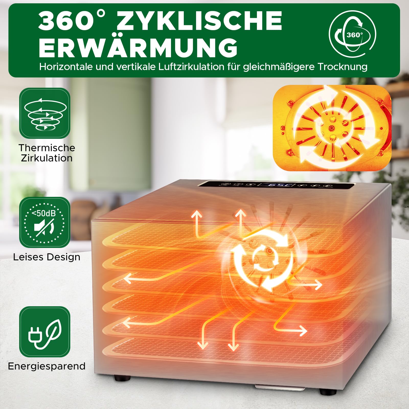 Kwasyo Dörrautomat Edelstahl DA 1000, XXL-Dörrfläche 1,8 m², Dörrgerät Temperatur einstellbar 30-90℃, LED-Display, 24 Std, BPA-frei, mit Rezeptheft, 10 Edelstahl-Dörrtabletts
