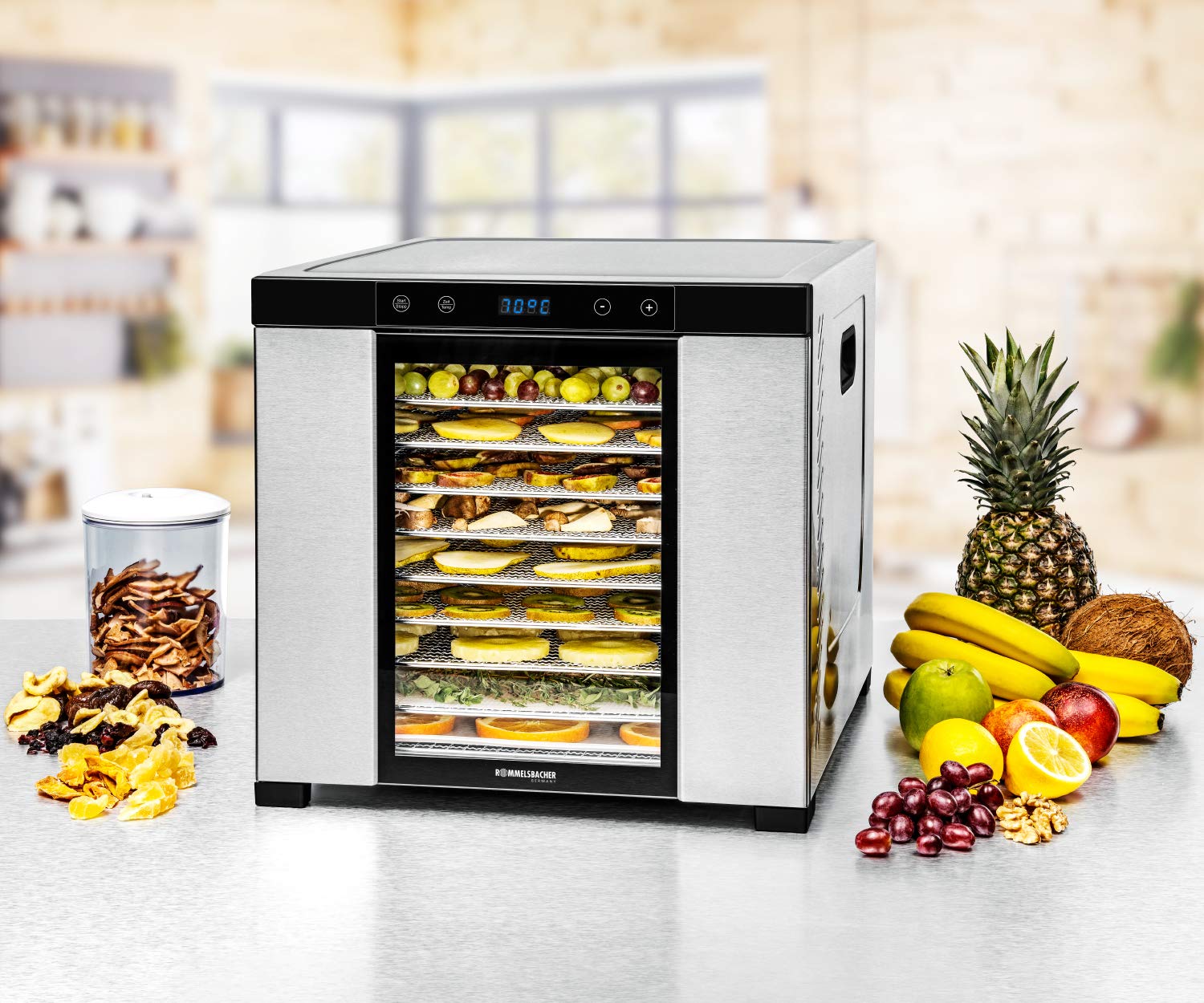 ROMMELSBACHER Dörrautomat DA 1000, XXL-Dörrfläche 1,6 m², inkl. 10 Edelstahl-Dörrtabletts, 2 Dörrgitter, 2 Dörrmatten, LED-Display, 24 Std. Zeitschaltuhr, Temperatur einstellbar (35 °C – 75 °C)