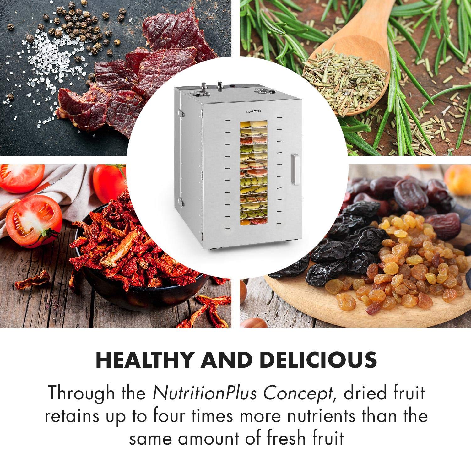 Klarstein Dörrautomat Edelstahl – 4.000-W-Dörrgerät, 48 Edelstahl-Einlegeböden, 30–90 °C, 24-Stunden-Timer, 6 Ventilatoren, 2 Trockenkammern, 50–55 dB, ideal für Obst, Gemüse, Fleisch, Kräuter, Silber