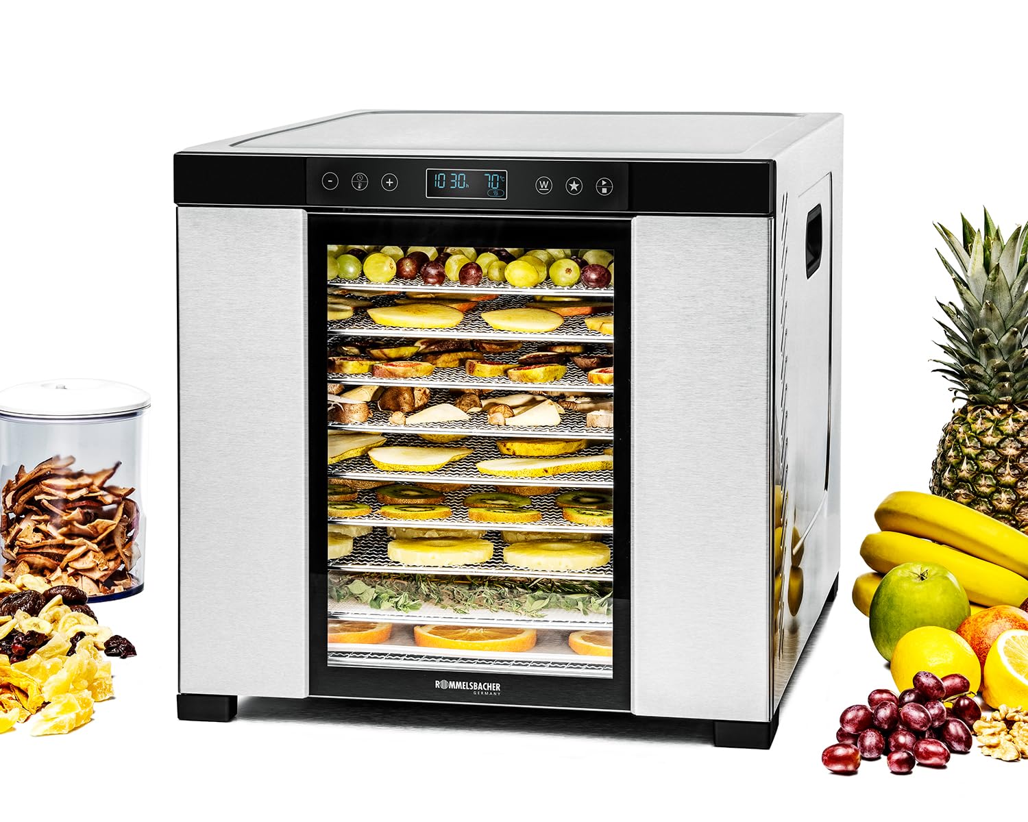 ROMMELSBACHER Dörrautomat DA 1000, XXL-Dörrfläche 1,6 m², inkl. 10 Edelstahl-Dörrtabletts, 2 Dörrgitter, 2 Dörrmatten, LED-Display, 24 Std. Zeitschaltuhr, Temperatur einstellbar (35 °C – 75 °C)